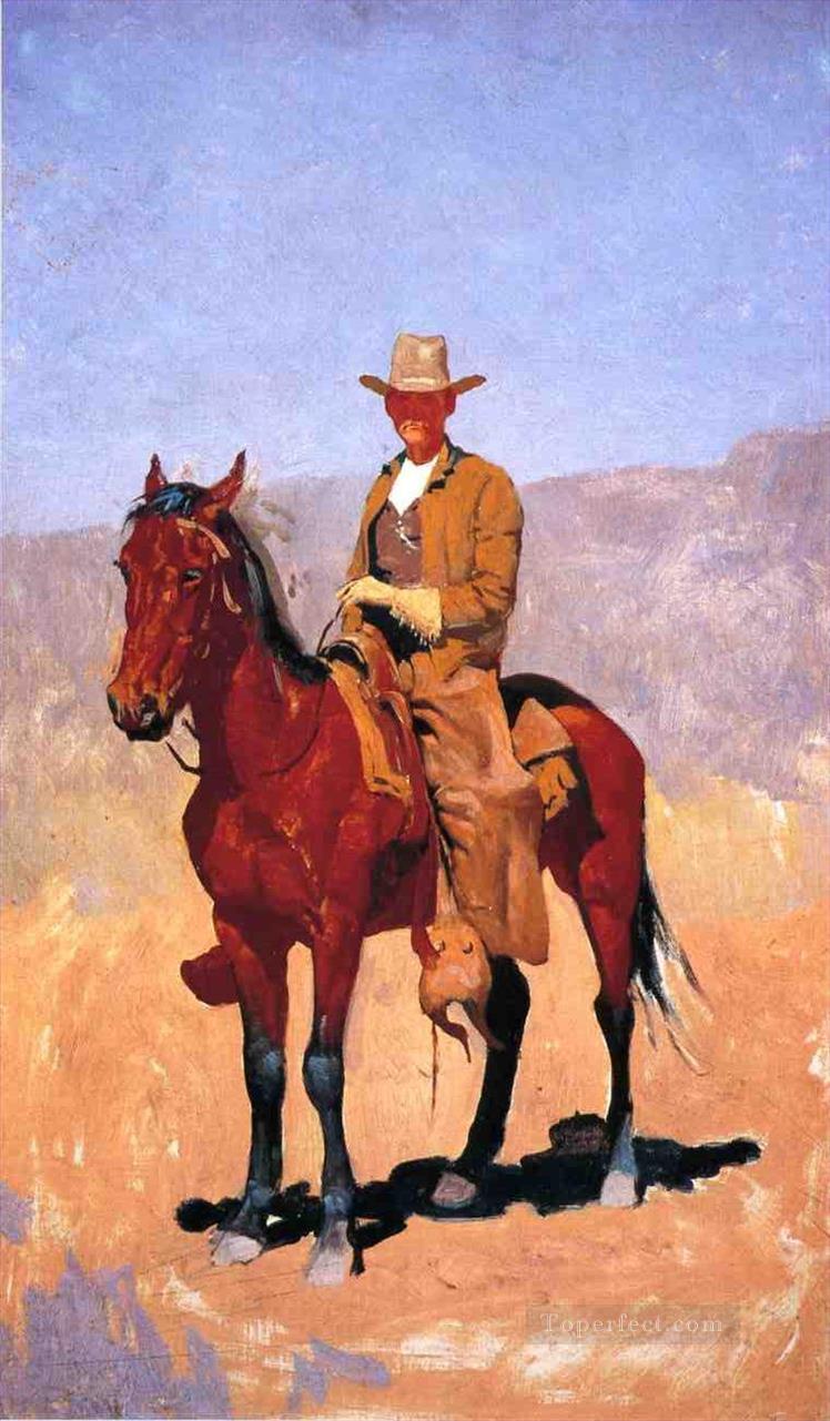 Mounted Cowboy in Chaps mit Rennen Pferd Alt American West cowboy Frederic Remington Ölgemälde